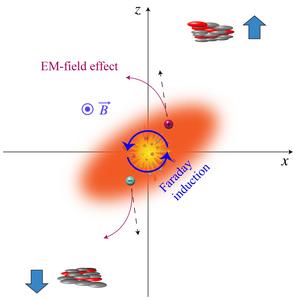 overhead view of particle collision showing Faraday induction