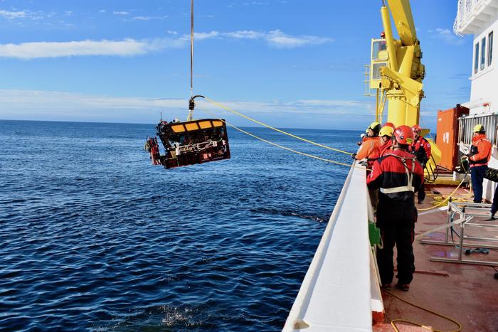 MBARI researchers and collaborators launch MBARI's MiniROV to explore the Arctic seafloor