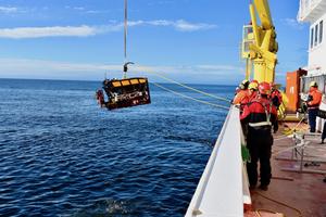 MBARI researchers and collaborators launch MBARI's MiniROV to explore the Arctic seafloor