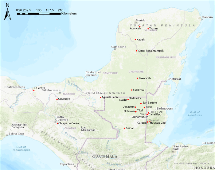 Map of Maya lowlands in eastern Mesoamerica.