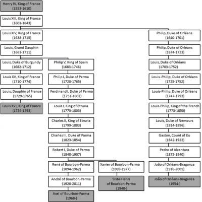 Paternal Line of the 3 Living Bourbons and the French Kings Henry IV and Louis XVI