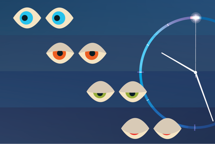 Illustration with a clock and four sets of eyes, progressing from fully open to mostly closed.