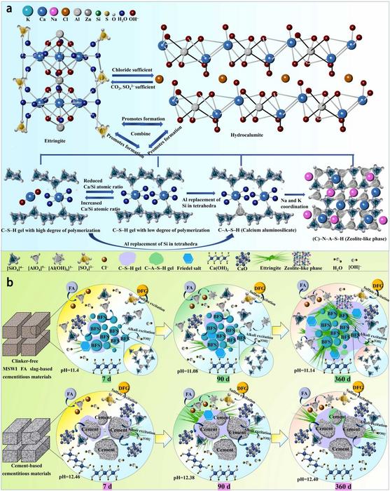 Hydration mechanisms of BFS-based and cement-based cementitious materials: (a) microstructure transformation mechanism of the hydration products; (b) comparison of the hydration control mechanisms of BFS-based and cement-based cementitious materials.