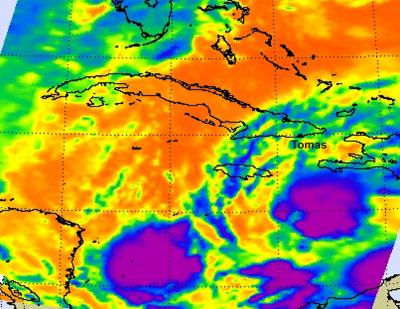 NASA Infrared Image of Tropical Storm Tomas's Thunderstorms