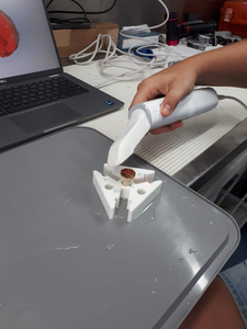 Dr Kate Quigley used dental scanning machinary to measure baby coral straight from the boat. Credit Dr Kate Quigley.