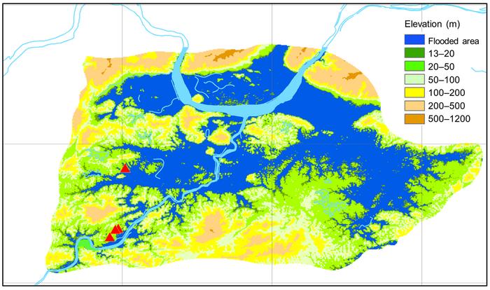 Estimated flooded areas using SRTM datasets.