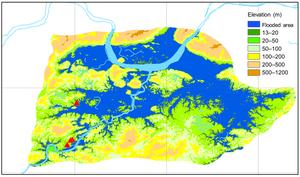 Estimated flooded areas using SRTM datasets.