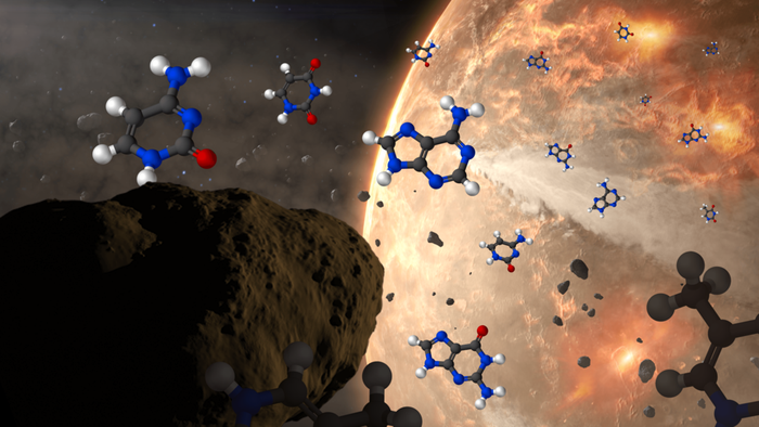 Conceptual image of meteoroids delivering nucleobases to ancient Earth