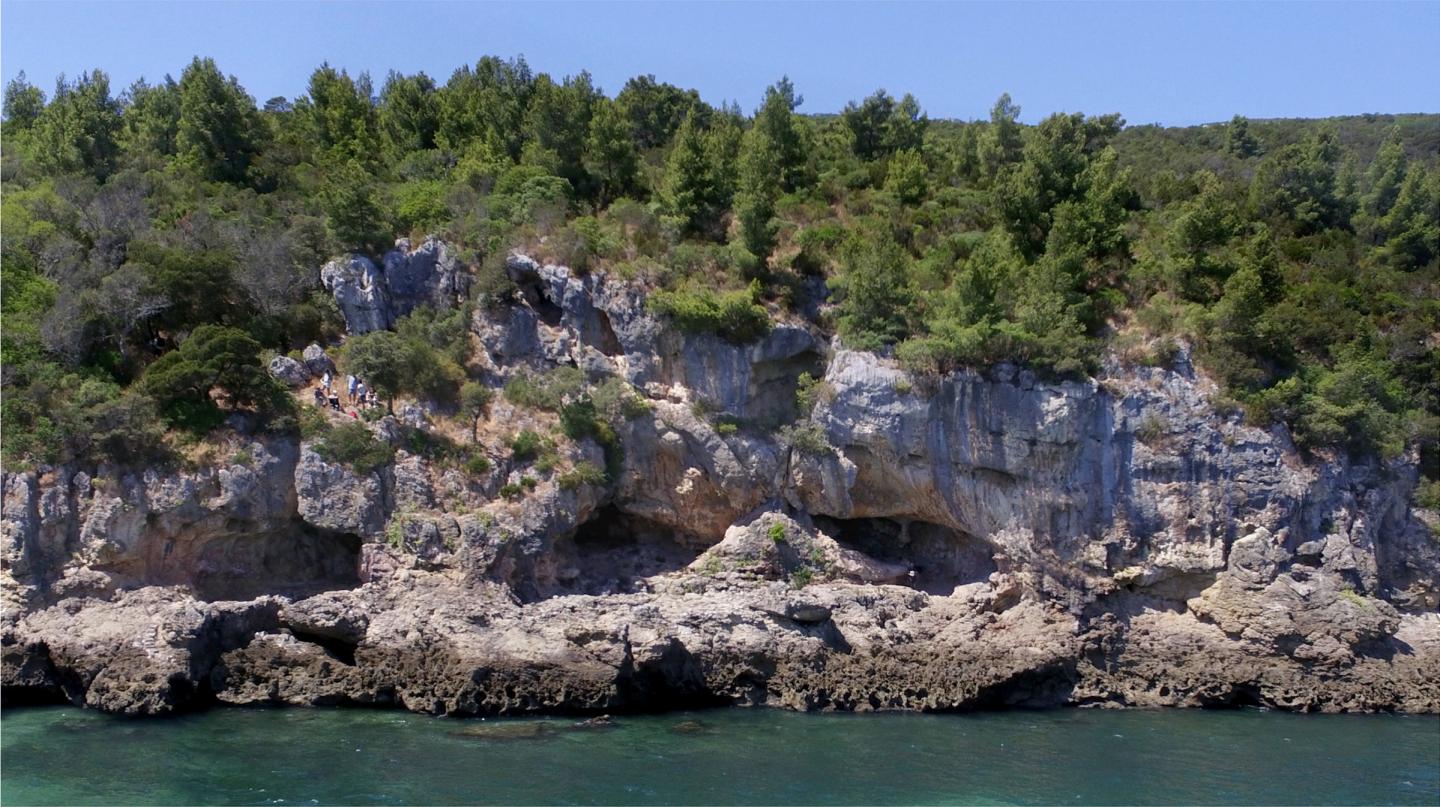 view of a cave above water with trees above