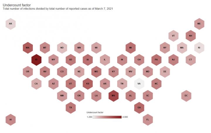 COVID-19 undercount factor in the U.S. as of March 7, 2021