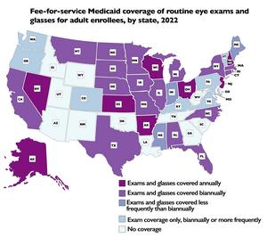 Fee-for-service Medicaid coverage of routine eye exams and glasses for adult enrollees, by state, 2022