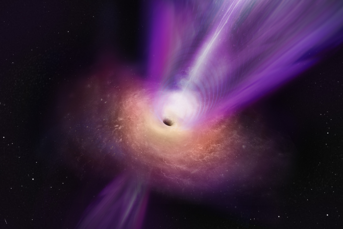 Artist’s conception shows a close-up view of the accretion flow and the jet emerging from the black hole region in Messier 87