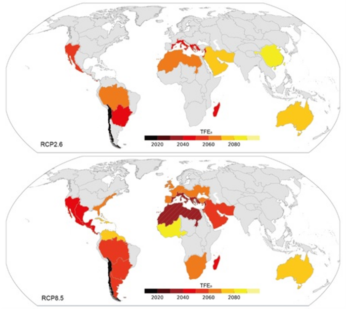 Timing of the first emergence (TFE) of consecutive unprecedented regional drought conditions.