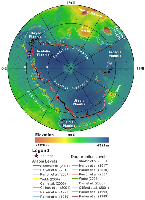 Topographic map of the northern hemisphere of Mars showing extent of former northern ocean.