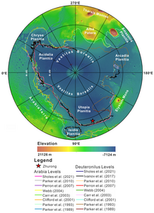 Topographic map of the northern hemisphere of Mars showing extent of former northern ocean.