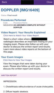 Screenshot shows appearance of revised video radiology report link in patient portal with link at top of report to increase conspicuity.