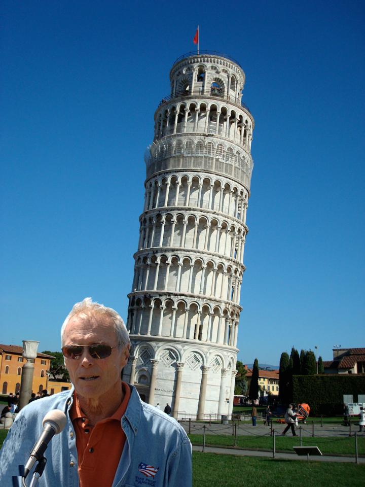 Clint Eastwood in front of the Leaning Tower of Pisa