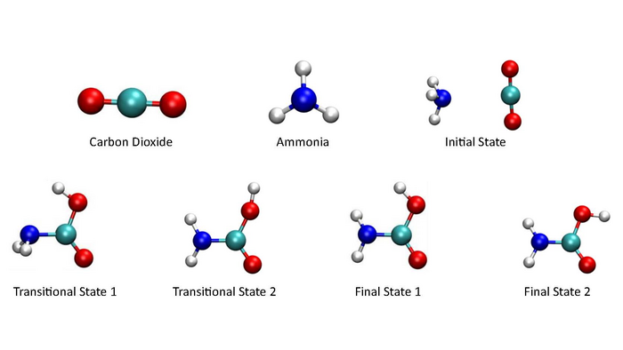 Molecular representations of a simple reaction involving carbon dioxide and ammonia