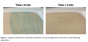 Image of a bedrail with colored disinfectant at time of application and 3 minutes following application