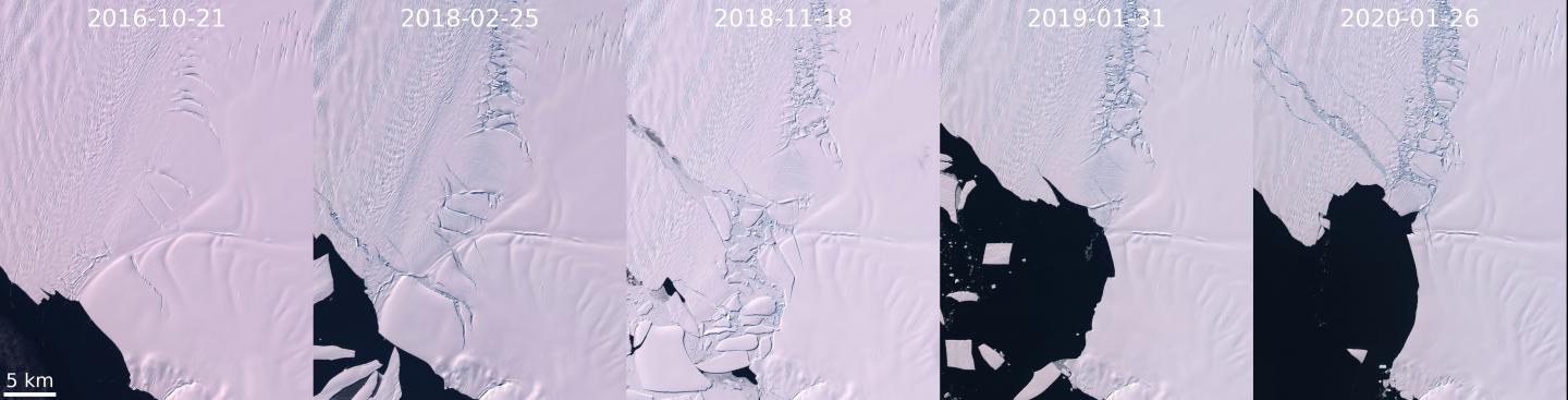 Damage Evolution in the Shear Zone of Pine Island Glacier Viewed from the Copernicus Sentinel-2 Sate