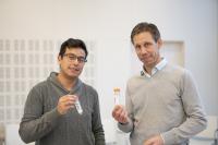 Walter Rosas Arbelaez, left, and Anders Palmqvist, right, holding samples of the new material