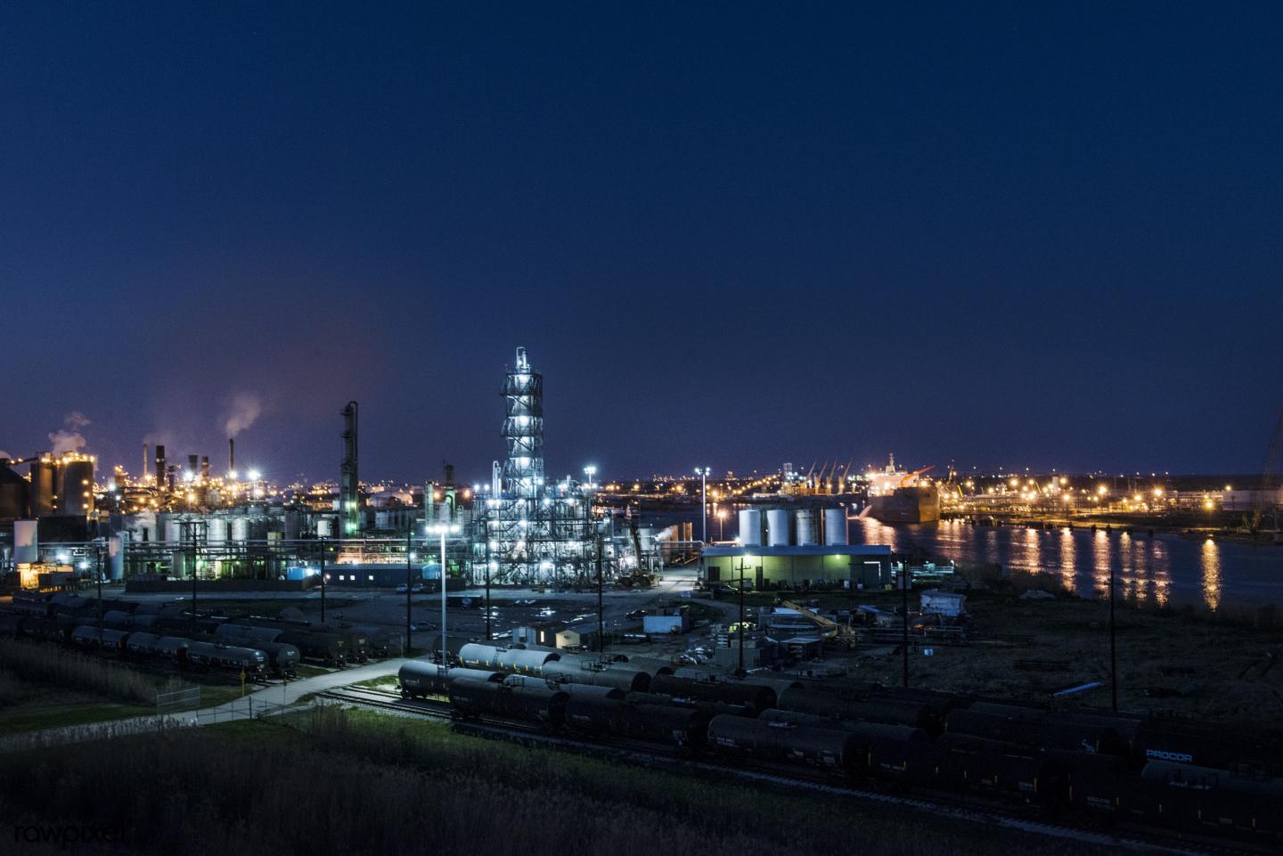 Dusk shot of an industrial scene along the road from Port Arthur to Sabine Pass, Texas
