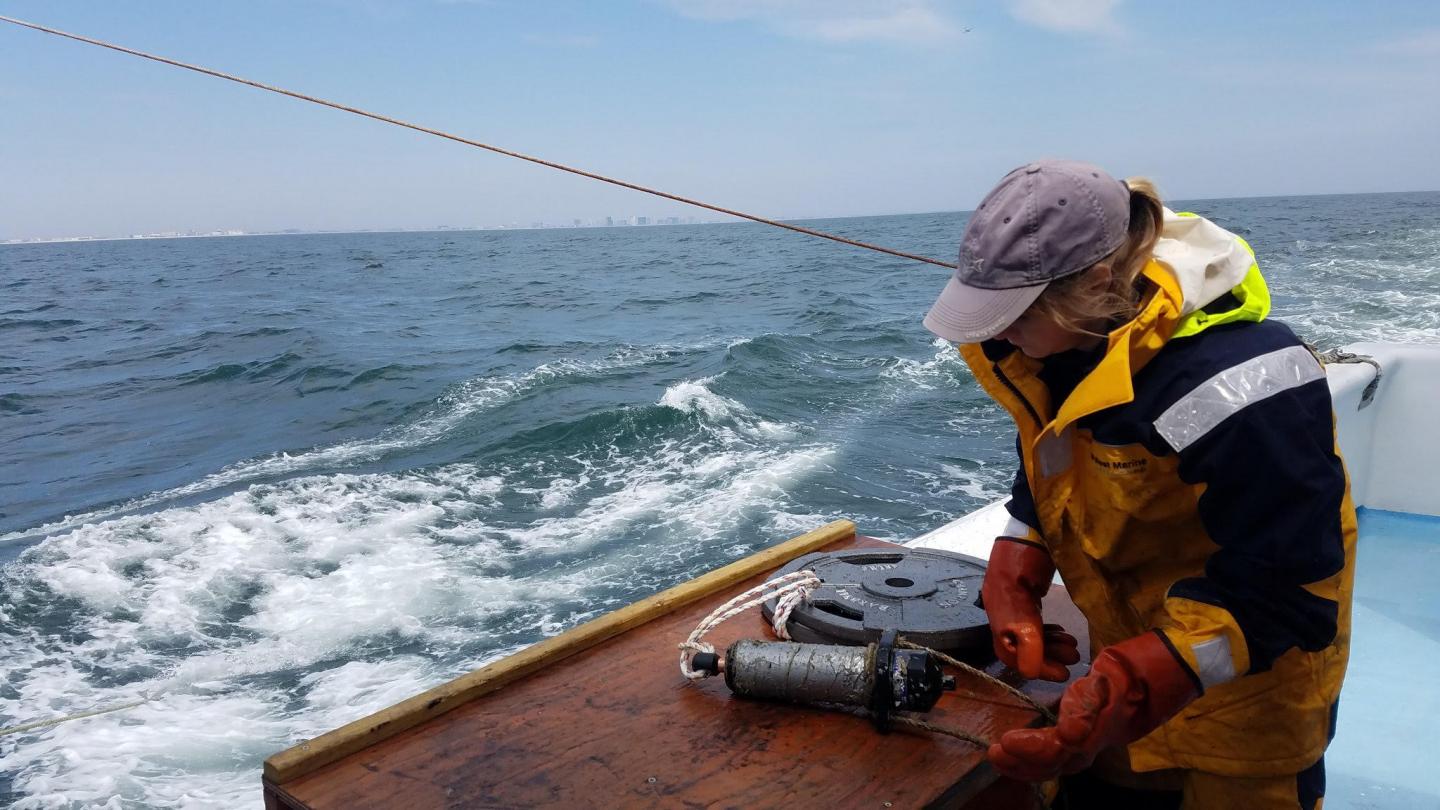 Researcher Ellie Rothermel configures an acoustic receiver