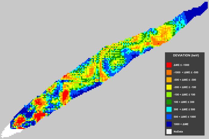 Mass-excess value differences between experimental data from AME2020 and predictions from mass model FRDM12.