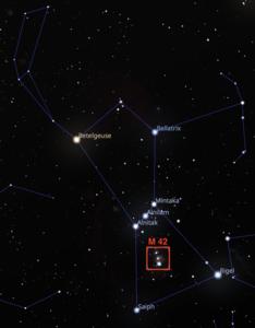 Fig. 3: The Orion constellation. The main stars of this constellation are connected by straight blue lines and some of them are labelled by their name. The Orion Nebula (M 42) is identified by the red square. The image is a screenshot from Stellarium.