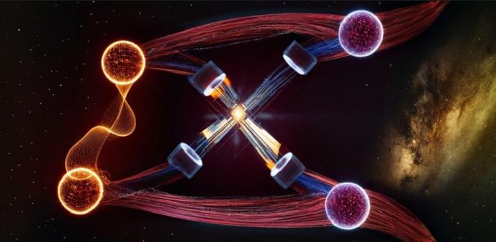 Artistic representation of the implemented photonic experiment in which entanglement between the polarizations of single photons is mediated by the independent degree of freedom of the photon path.