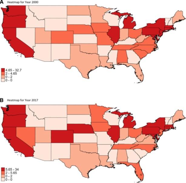 Heatmaps of Mean Between-State Law Difference of 48 Contiguous States of the Us in Quartiles