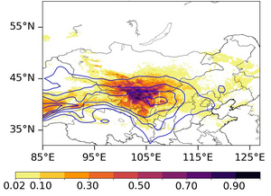 Dust aerosol concentration (contours with interval of 20000 kg/m2) caused by the Mongolian cyclone and its corresponding standardized value of the Himawari-8 red channel (shading; red coloring denotes dust)