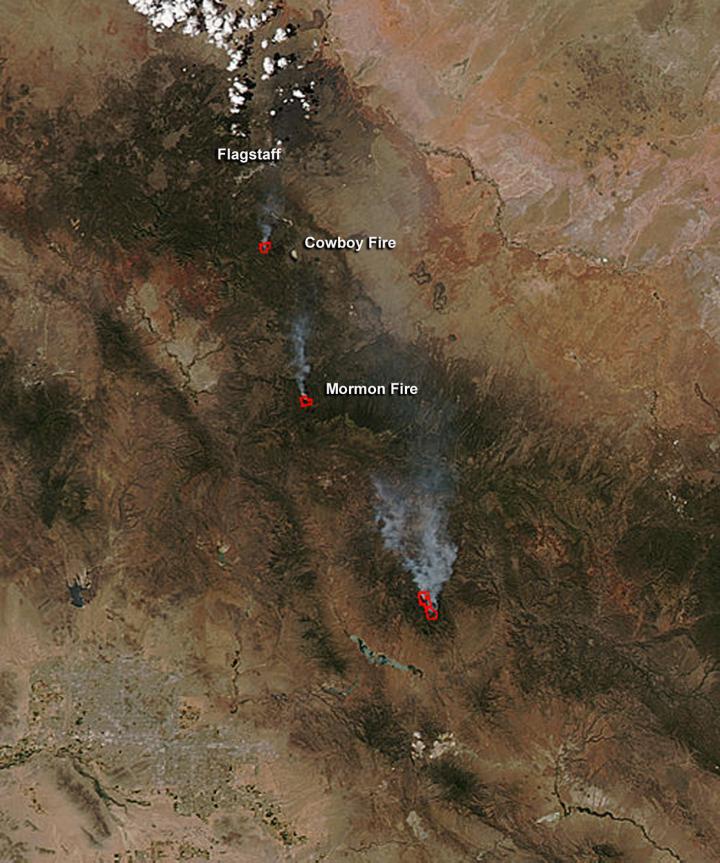 NASA's Aqua Satellite Sees Cowboy and Mormon Fires in Arizona