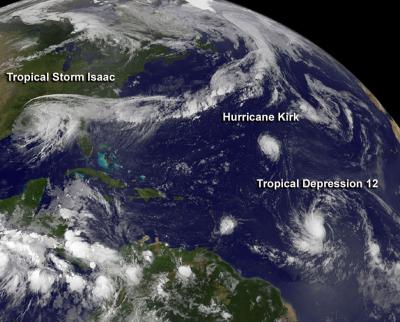 3 Storms: Isaac, Kirk, TD12 (now Leslie)