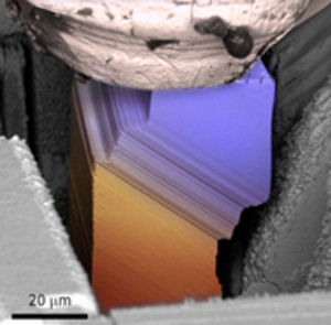 Colorized micropillars milled from a Zn single crystal after deformation.
