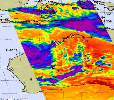 NASA Infrared Image of Tropical Storms Dianne and Carlos