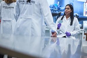 Researcher Richa Chaudhary demonstrates an encapsulated structural battery cell produced at Chalmers University of Technology, Sweden.