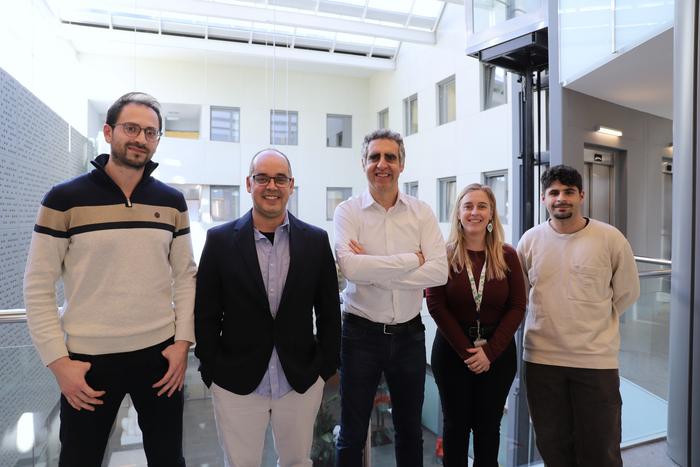 Researchers and authors of the study of the Josep Carreras Institute, from left to right Mustafa Sibai, Eduard Porta, Manel Esteller, Daniela Grases and Sergi Cervilla