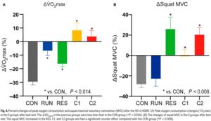 Fig. 4 Percent changes of peak oxygen consumption and squat maximal voluntary contraction (MVC) after the 90-d HDBR.