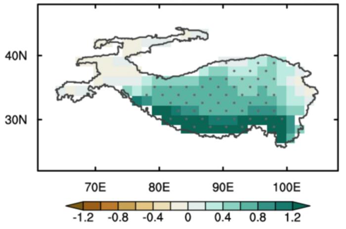 The spatial distribution of summer precipitation anomalies in 2050-2099 over Tibetan Plateau